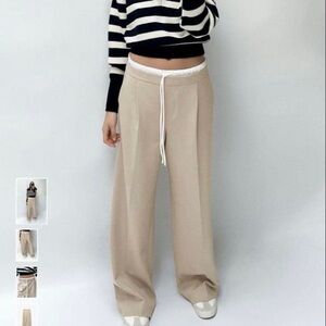 NWT (LG) Zara Beige Wide-Leg Trouser Pants w Draw String